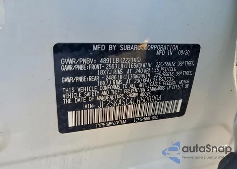 2020 Subaru Forester Limited z USA, uszkodzony, nr VIN JF2SKASC4LH608904